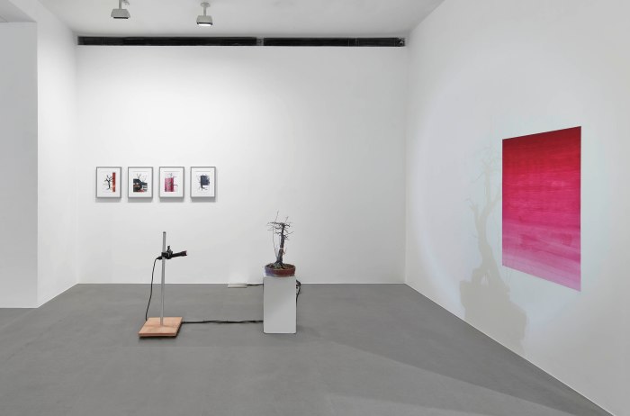Albert Oehlen, Untitled, 2015,  Impianto audio, piccolo albero, lampada, stagnola, altoparlante ©Albert Oehlen and Gagosian Gallery